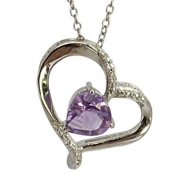 NV#2  Amethyst & CZ Heart & Sterling 925 Silver Necklace - Picture 2 of 11